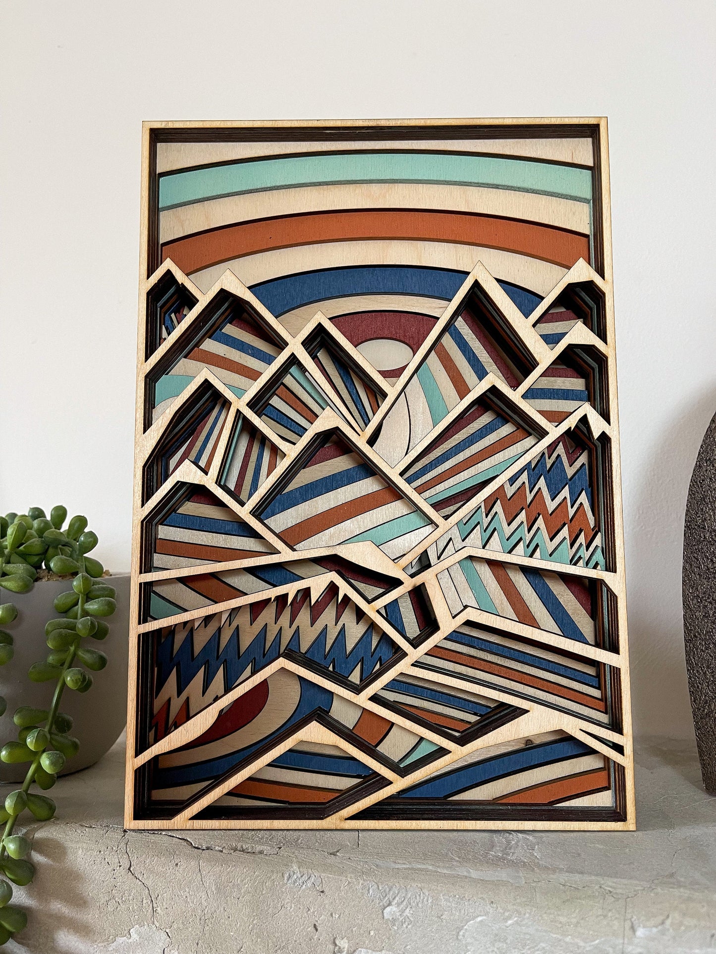 Multi layer mountain scene, wooden art, abstract mountain range,  mountain wall art,